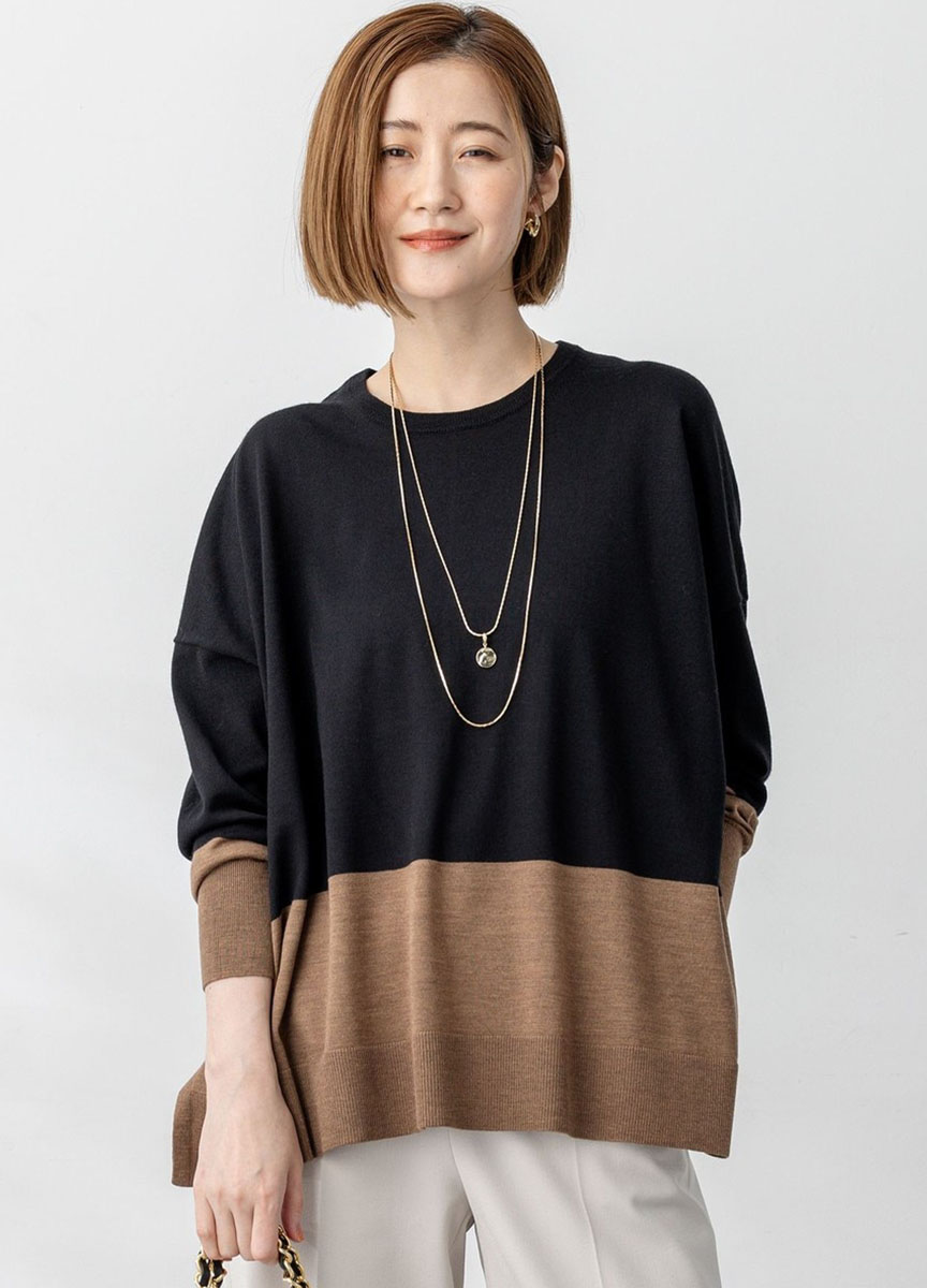 精紡羊毛配色連袖針織衫